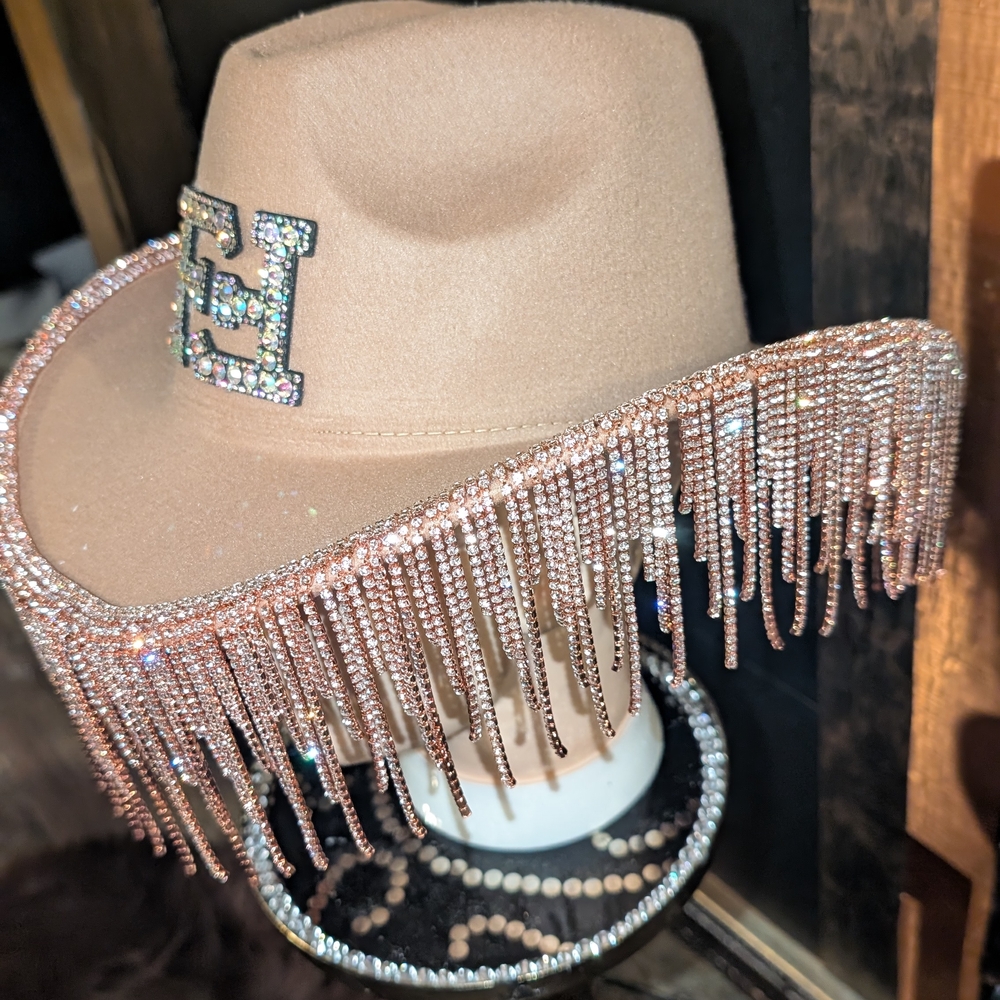 Embellished Tan Cowboy Hat with Rhinestone Fringe